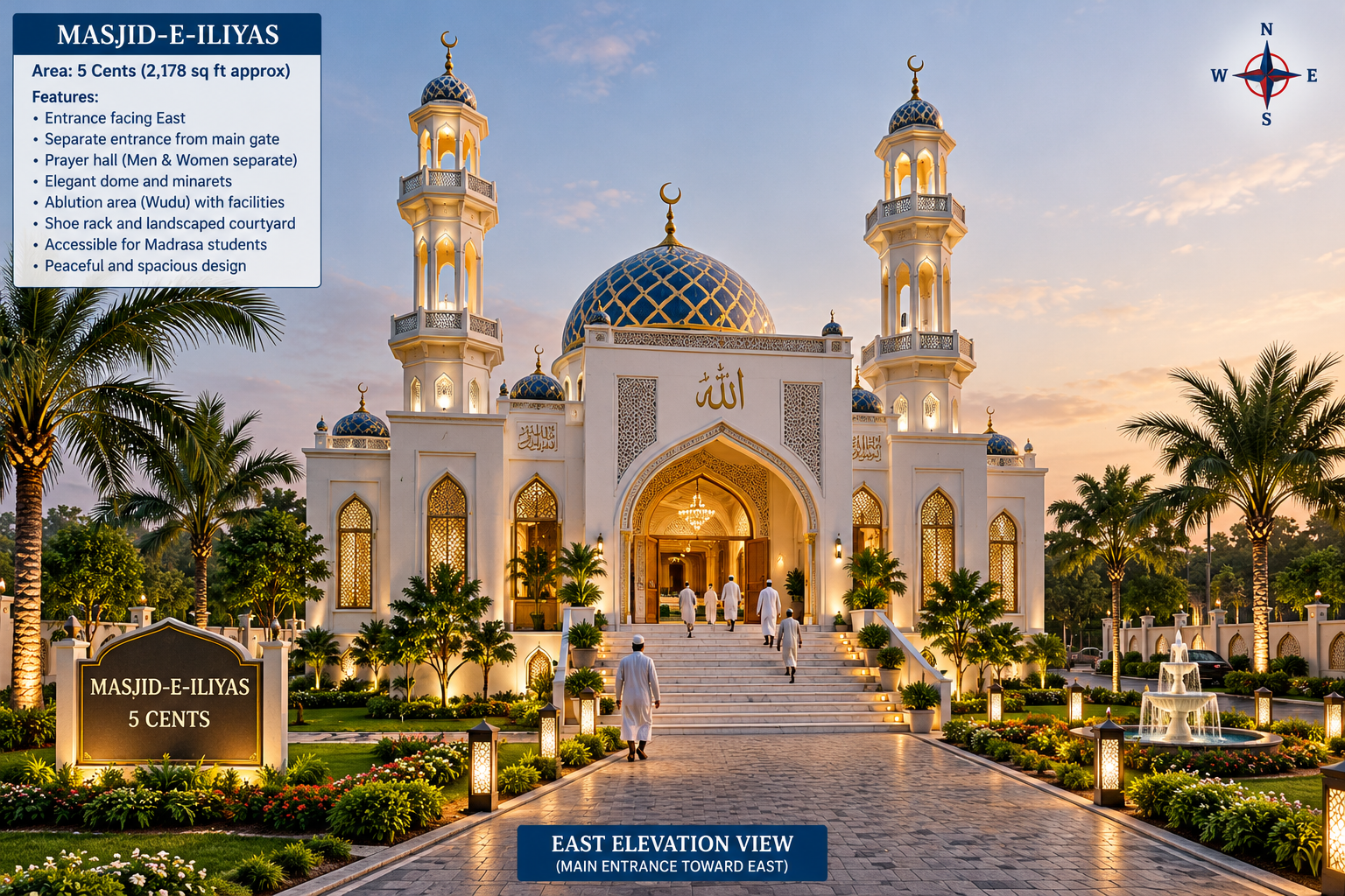 Illustrative architectural rendering of the proposed Masjid-E-Iliyas with dome, minarets and landscaped entrance