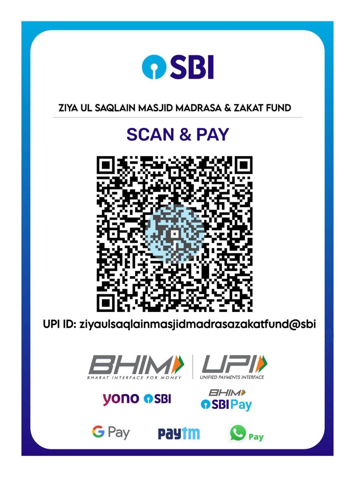 SBI Scan and Pay QR code for Ziya Ul Saqlain Masjid Madrasa and Zakat Fund